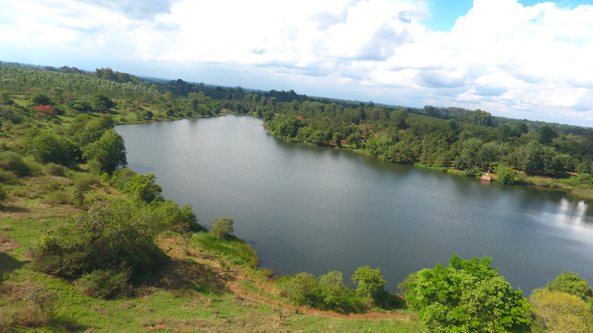 Aerial view of Oaklands lake and surrounding greenery